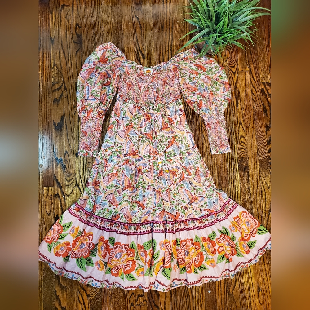 Farm Río Anthropologie Maxi Dress Macaw Flight Smocked Top Pink Midium - Picture 8 of 16